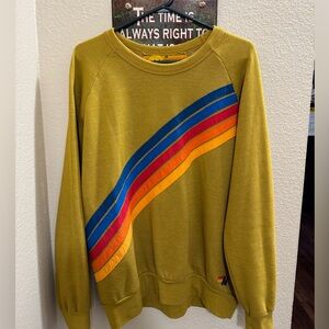 Aviator Nation Olive Crewneck Sweater with Blue, Red, Orange & Yellow Stripes